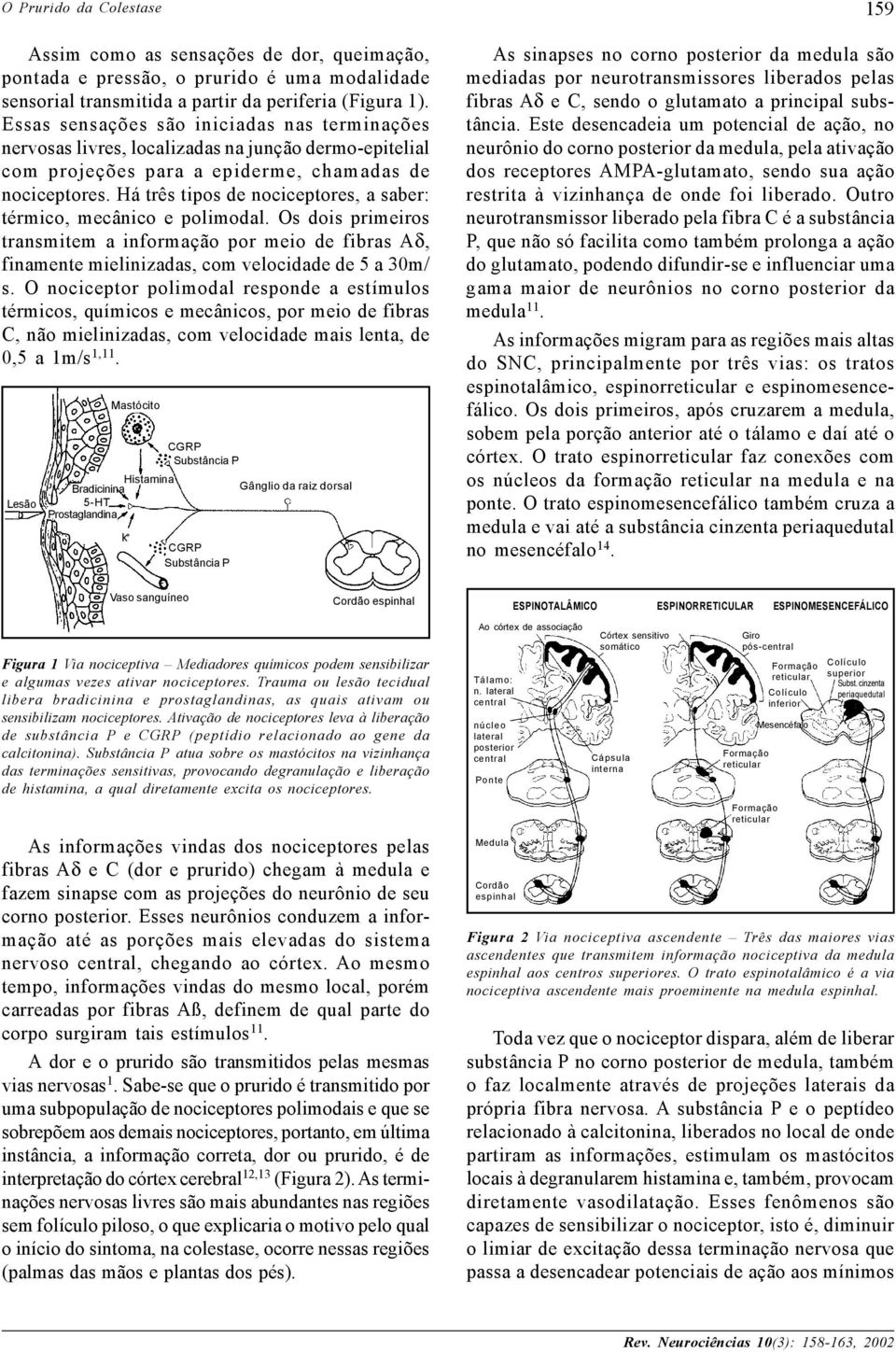 Há três tipos de nociceptores, a saber: térmico, mecânico e polimodal. Os dois primeiros transmitem a informação por meio de fibras Aδ, finamente mielinizadas, com velocidade de 5 a 30m/ s.