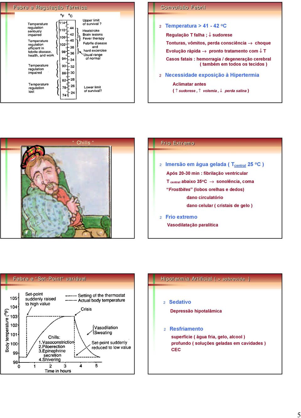 ( T central 25 o C ) Após 20-30 min : fibrilação ventricular T central abaixo 35 o C sonolência, coma Frostbites (lobos orelhas e dedos) dano circulatório dano celular ( cristais de gelo ) 2 Frio