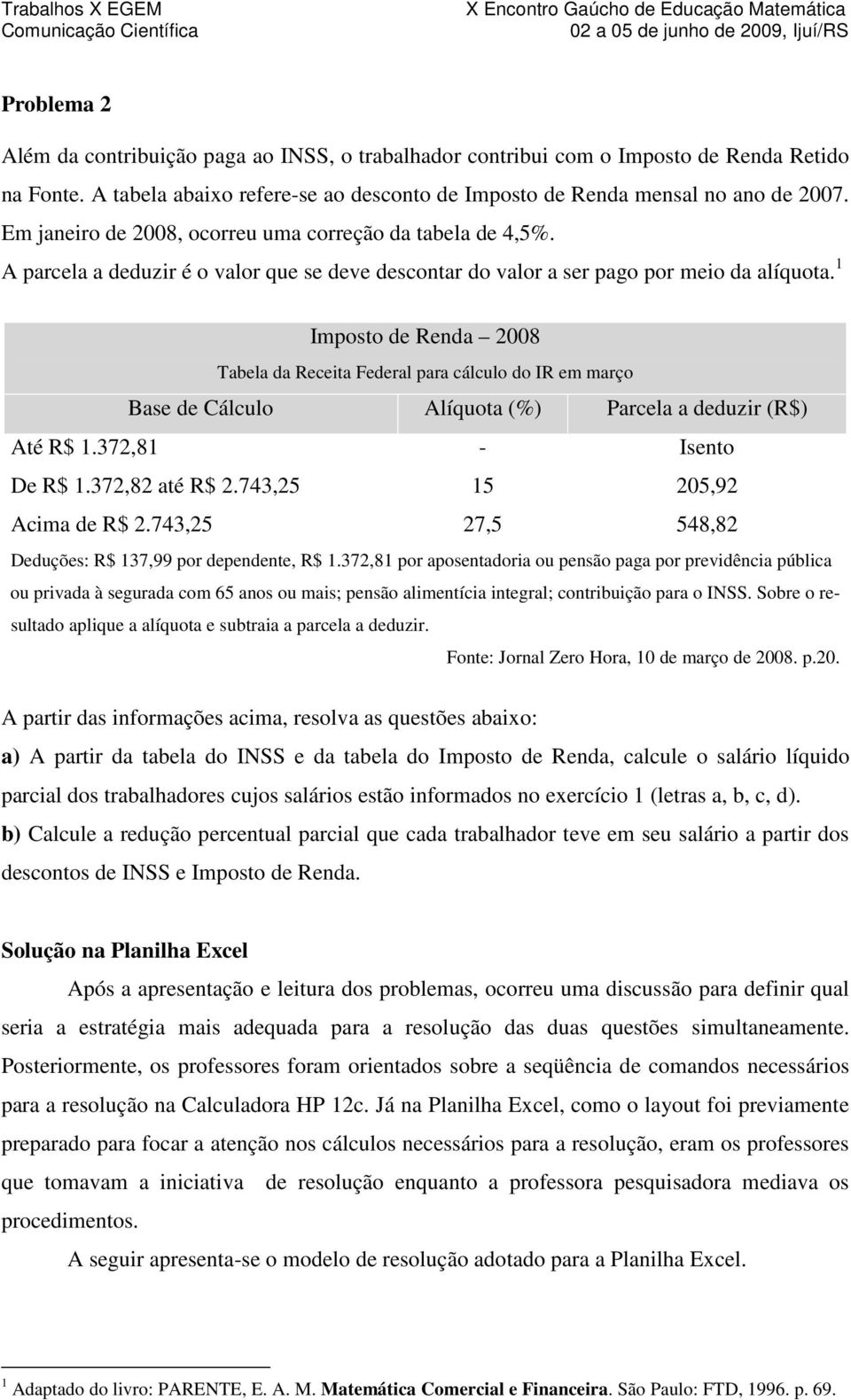 1 Imposto de Renda 2008 Tabela da Receita Federal para cálculo do IR em março Base de Cálculo Alíquota (%) Parcela a deduzir (R$) Até R$ 1.372,81 - Isento De R$ 1.372,82 até R$ 2.