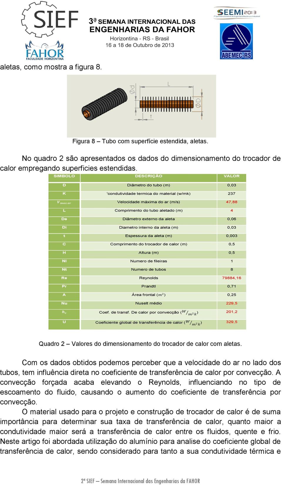 ar Velocidade máxima do ar (m/s) 47,88 L Comprimento do tubo aletado (m) 4 De Diâmetro externo da aleta 0,06 Di Diametro interno da aleta (m) 0,03 t Espessura da aleta (m) 0,003 C Comprimento do