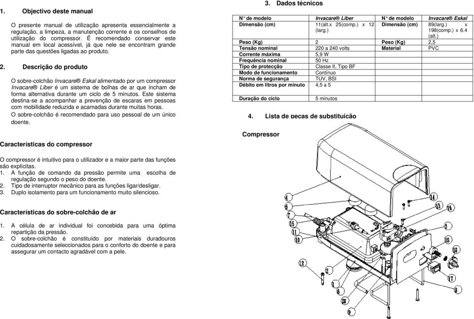 Descrição do produto O sobre-colchão Invacare Eskal alimentado por um compressor Invacare Liber é um sistema de bolhas de ar que incham de forma alternativa durante um ciclo de 5 minutos.