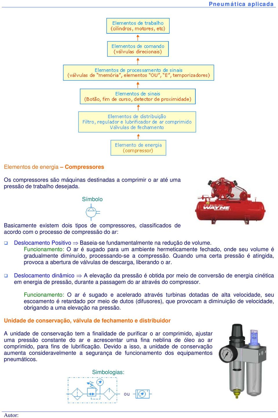 Funcionamento: O ar é sugado para um ambiente hermeticamente fechado, onde seu volume é gradualmente diminuído, processando-se a compressão.