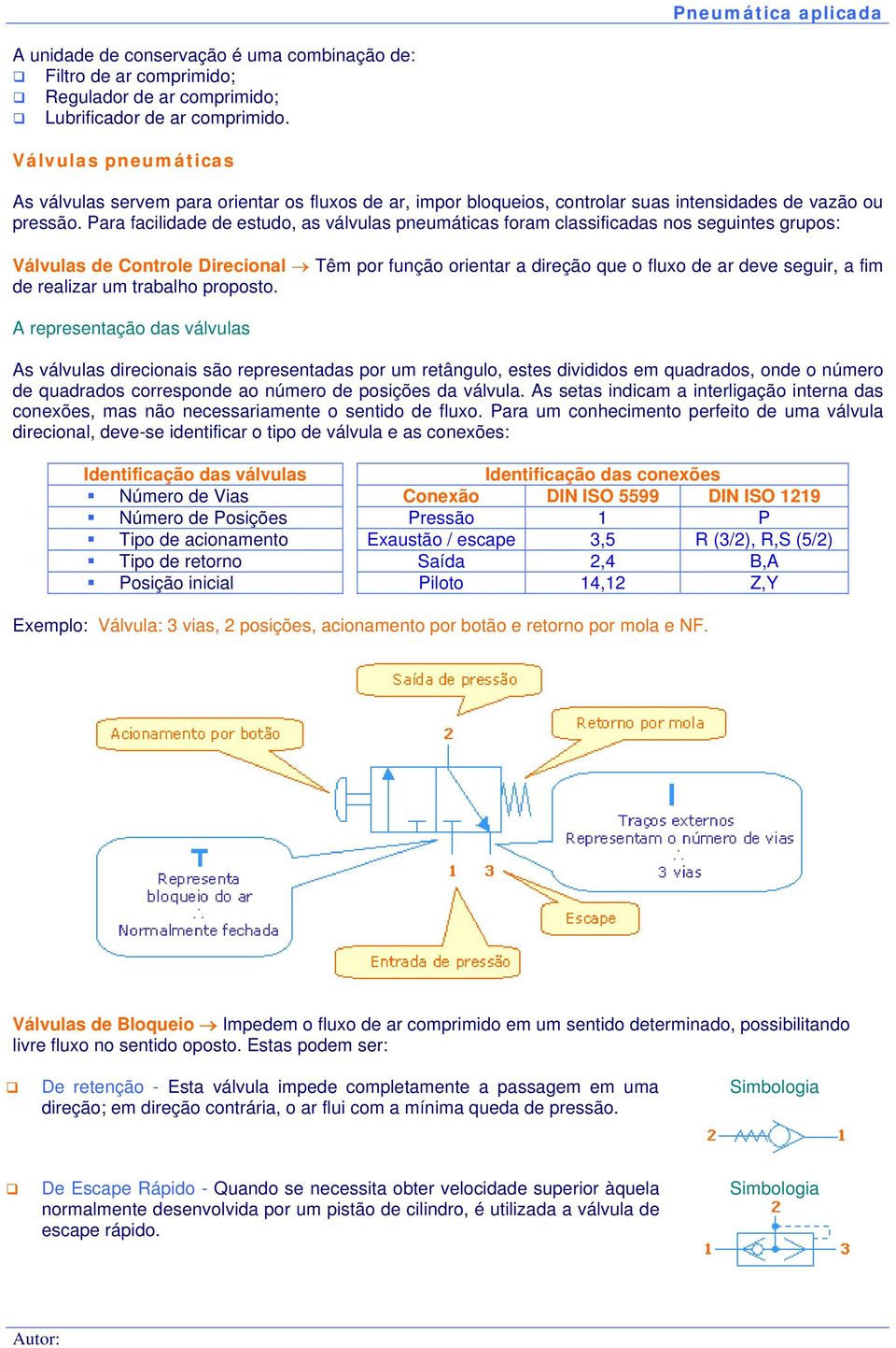 Para facilidade de estudo, as válvulas pneumáticas foram classificadas nos seguintes grupos: Válvulas de Controle Direcional Têm por função orientar a direção que o fluxo de ar deve seguir, a fim de