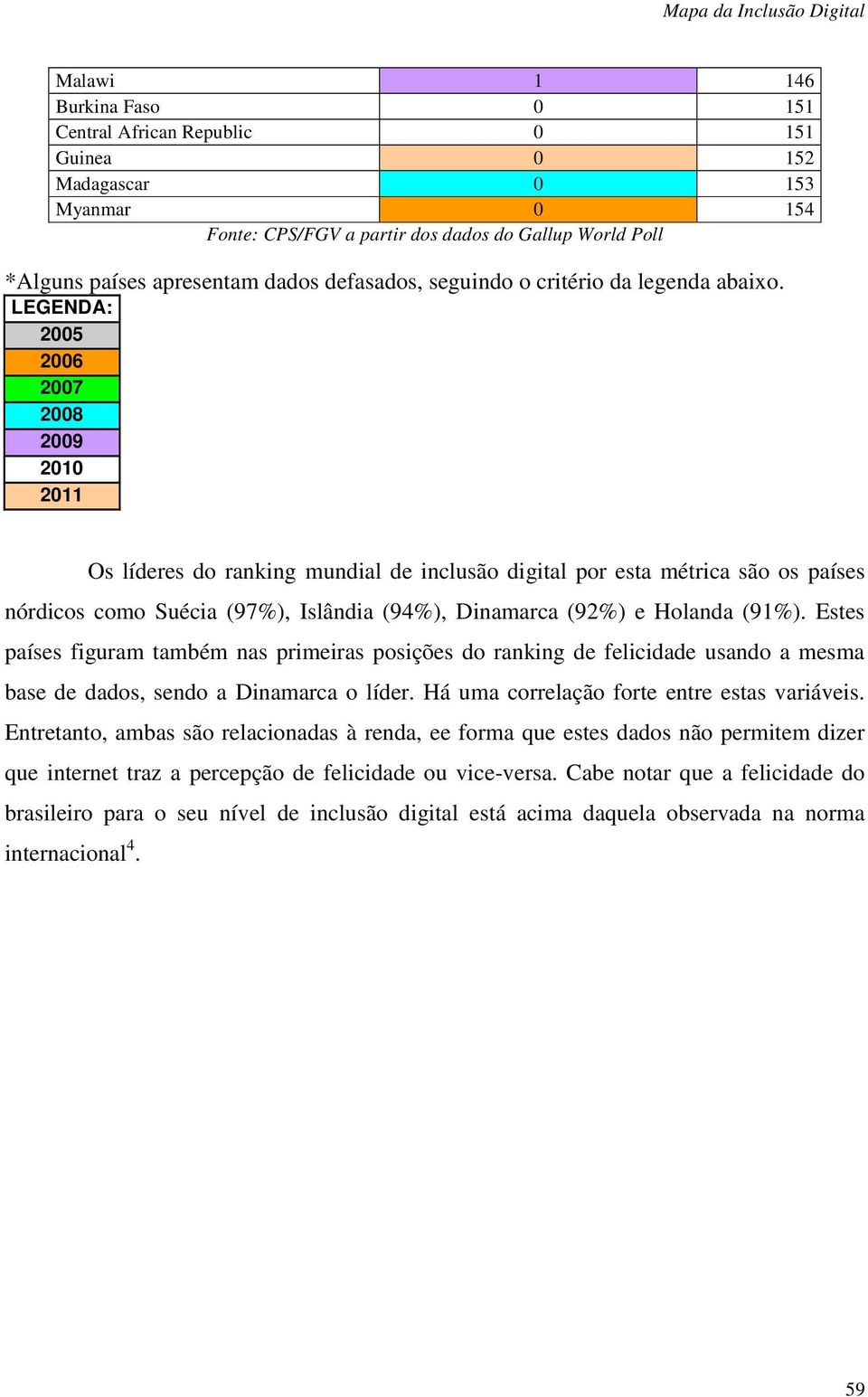 LEGENDA: 2005 2006 2007 2008 2009 2010 2011 Os líderes do ranking mundial de inclusão digital por esta métrica são os países nórdicos como Suécia (97%), Islândia (94%), Dinamarca (92%) e Holanda