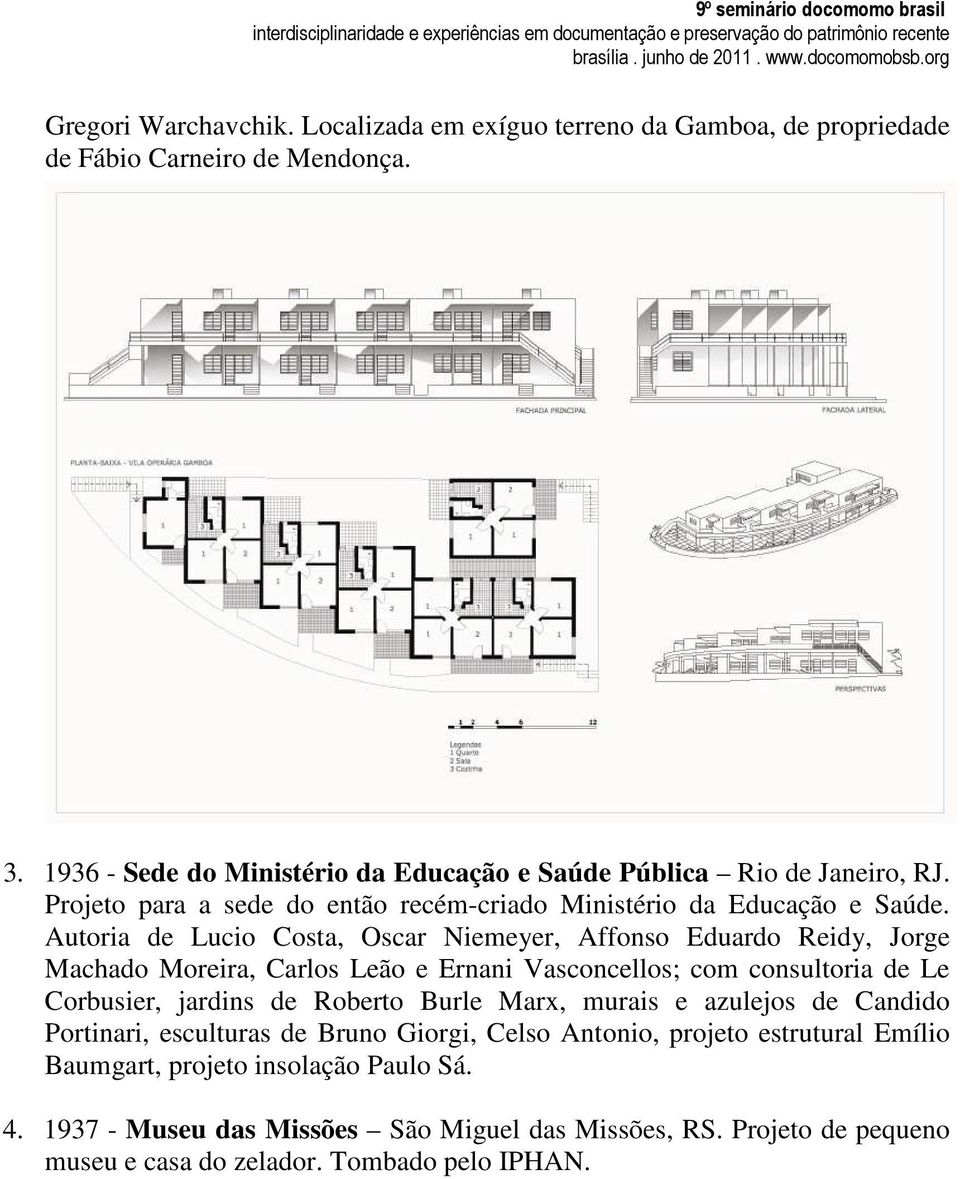 Autoria de Lucio Costa, Oscar Niemeyer, Affonso Eduardo Reidy, Jorge Machado Moreira, Carlos Leão e Ernani Vasconcellos; com consultoria de Le Corbusier, jardins de Roberto