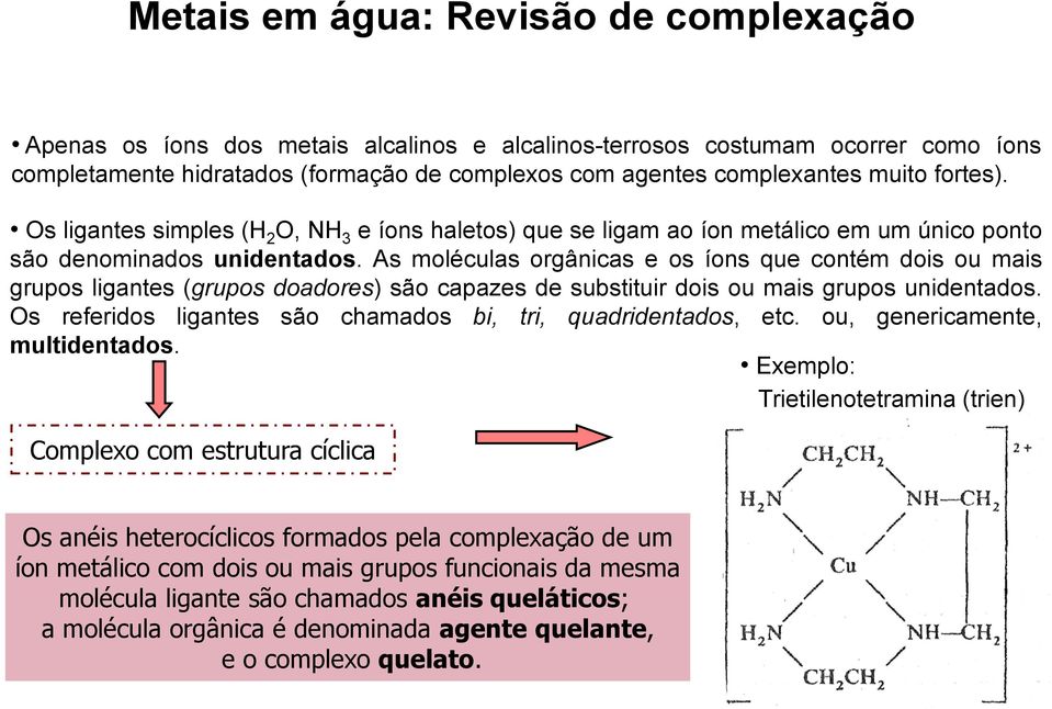 As moléculas orgânicas e os íons que contém dois ou mais grupos ligantes (grupos doadores) são capazes de substituir dois ou mais grupos unidentados.