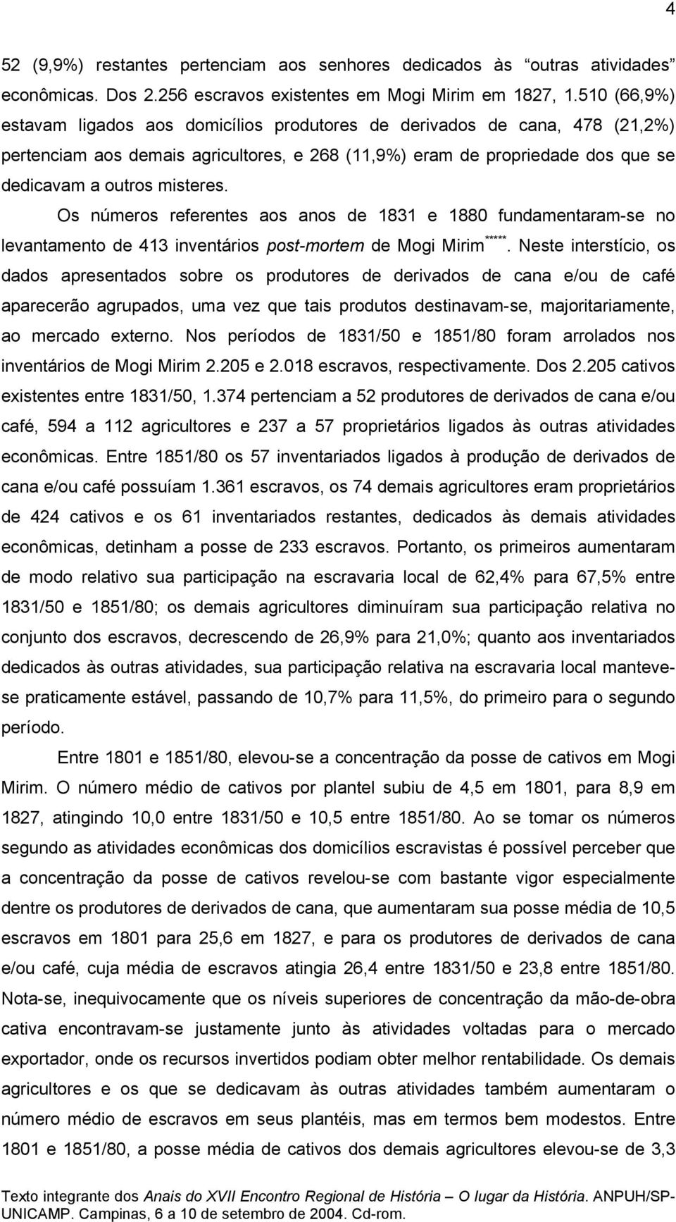 Os números referentes aos anos de 1831 e 1880 fundamentaram-se no levantamento de 413 inventários post-mortem de Mogi Mirim *****.