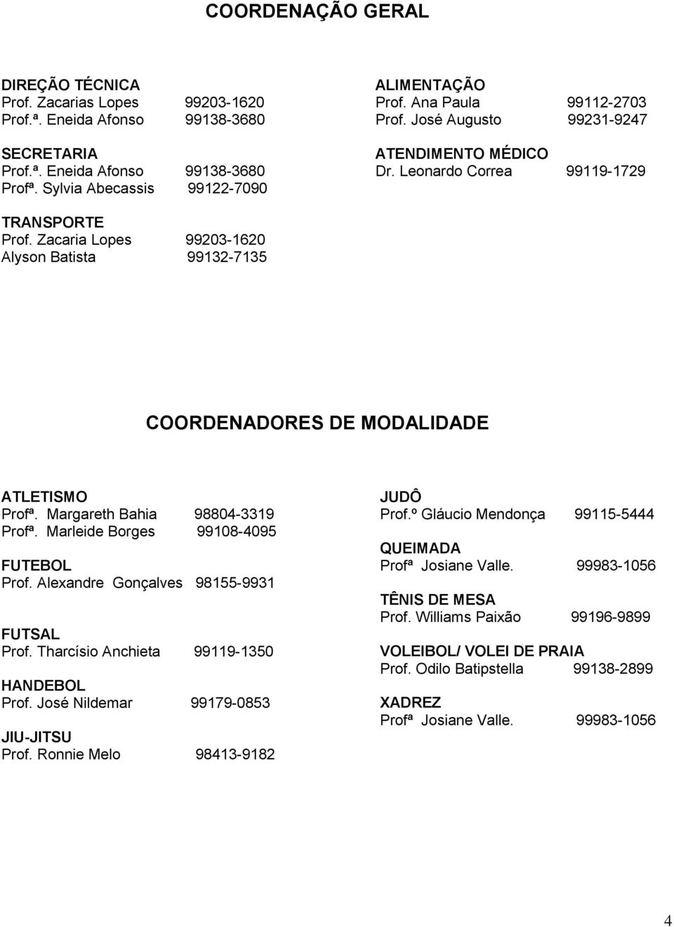 Zacaria Lopes 99203-1620 Alyson Batista 99132-7135 COORDENADORES DE MODALIDADE ATLETISMO Profª. Margareth Bahia 98804-3319 Profª. Marleide Borges 99108-4095 FUTEBOL Prof.