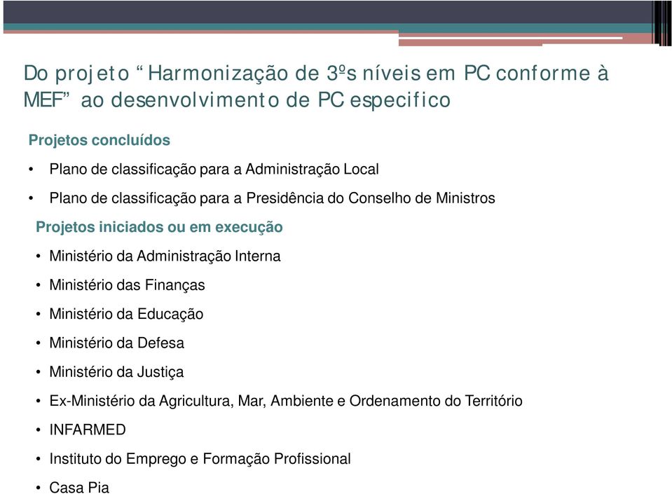 em execução Ministério da Administração Interna Ministério das Finanças Ministério da Educação Ministério da Defesa Ministério da