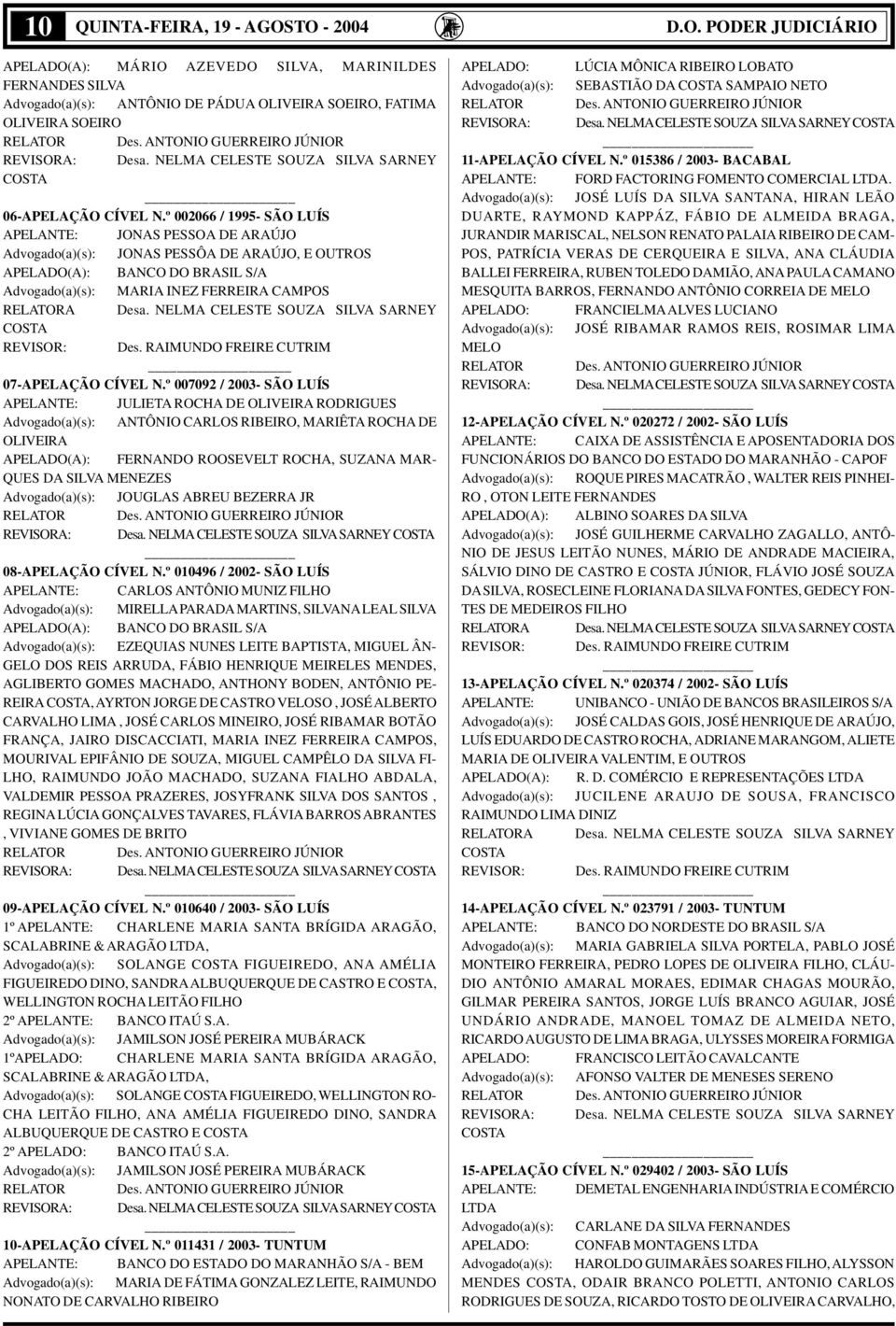 º 002066 / 1995- SÃO LUÍS APELANTE: JONAS PESSOA DE ARAÚJO Advogado(a)(s): JONAS PESSÔA DE ARAÚJO, E OUTROS APELADO(A): BANCO DO BRASIL S/A Advogado(a)(s): MARIA INEZ FERREIRA CAMPOS RELATORA Desa.