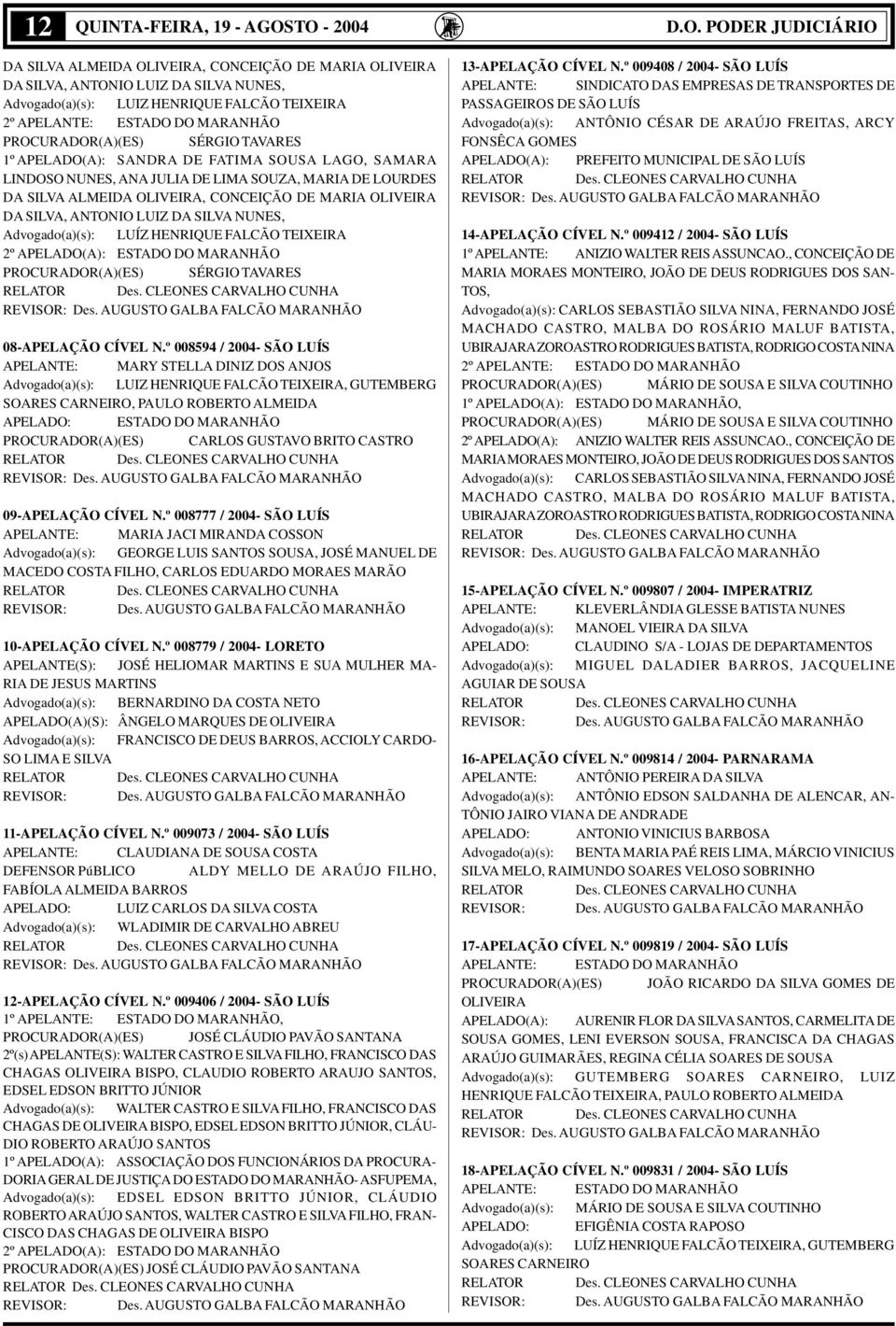 MARANHÃO PROCURADOR(A)(ES) SÉRGIO TAVARES 1º APELADO(A): SANDRA DE FATIMA SOUSA LAGO, SAMARA LINDOSO NUNES, ANA JULIA DE LIMA SOUZA, MARIA DE LOURDES DA SILVA ALMEIDA OLIVEIRA, CONCEIÇÃO DE MARIA