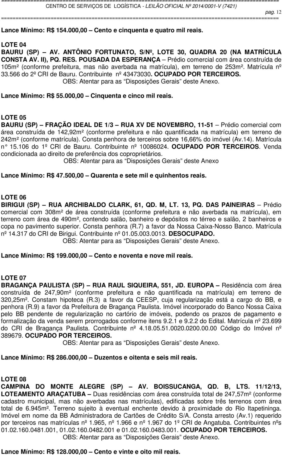 Contribuinte nº 43473030. OCUPADO POR TERCEIROS. Lance Mínimo: R$ 55.000,00 Cinquenta e cinco mil reais.