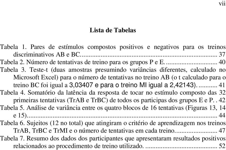 Teste-t (duas amostras presumindo variâncias diferentes, calculado no Microsoft Excel) para o número de tentativas no treino AB (o t calculado para o treino BC foi igual a 3,03407 e para o treino MI