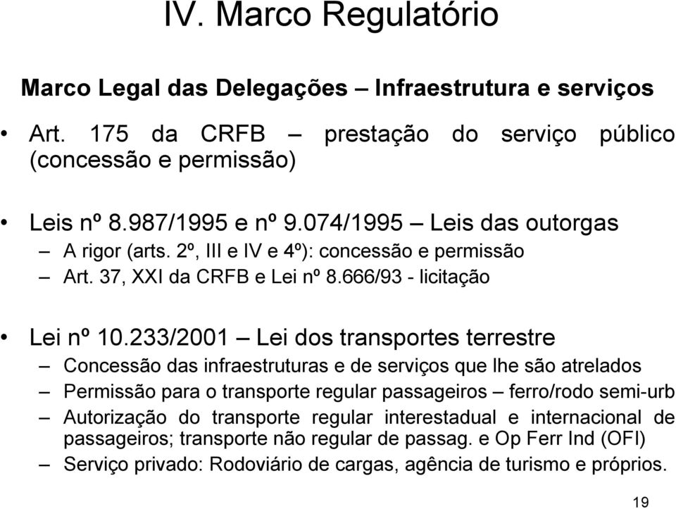 233/2001 Lei dos transportes terrestre Concessão das infraestruturas e de serviços que lhe são atrelados Permissão para o transporte regular passageiros ferro/rodo semi-urb