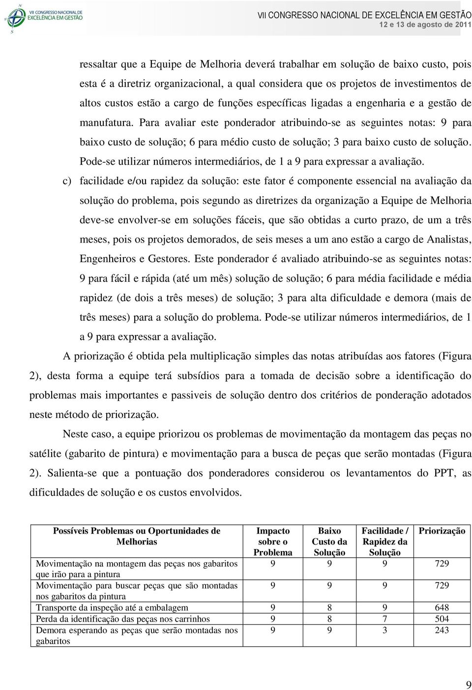 Para avaliar este ponderador atribuindo-se as seguintes notas: 9 para baixo custo de solução; 6 para médio custo de solução; 3 para baixo custo de solução.