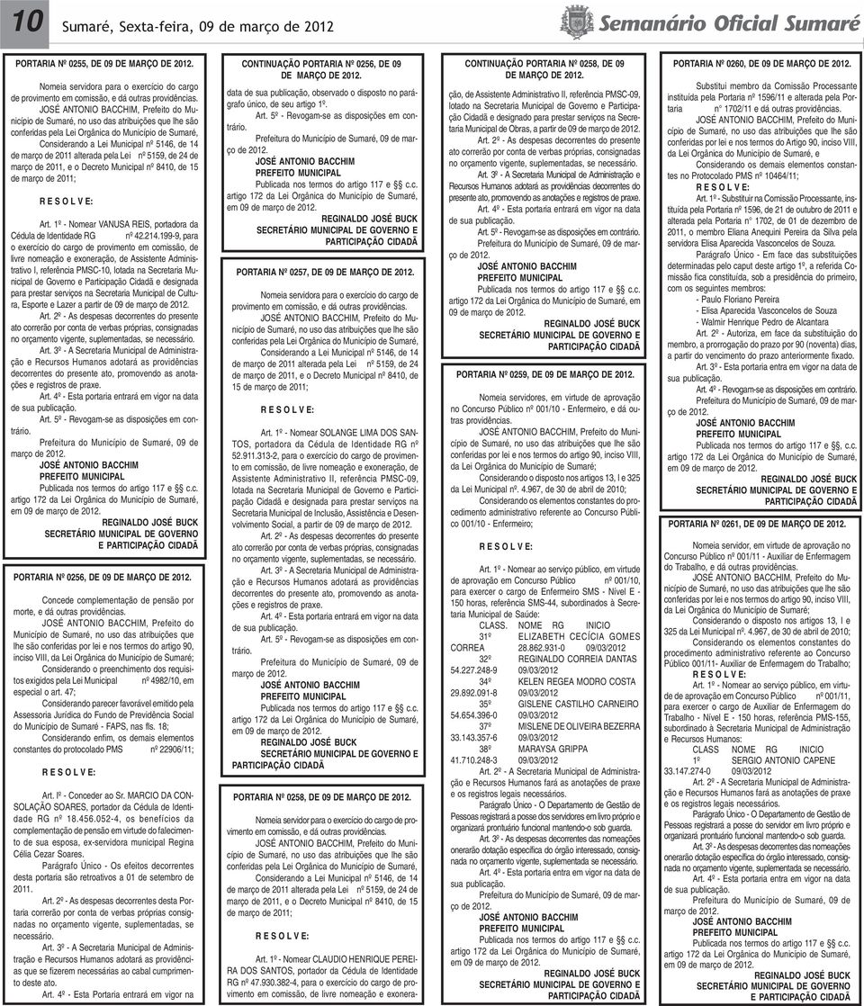 Decreto Municipal nº 8410, de 15 de março de 2011; Art. 1º - Nomear VANUSA REIS, portadora da Cédula de Identidade RG nº 42.214.