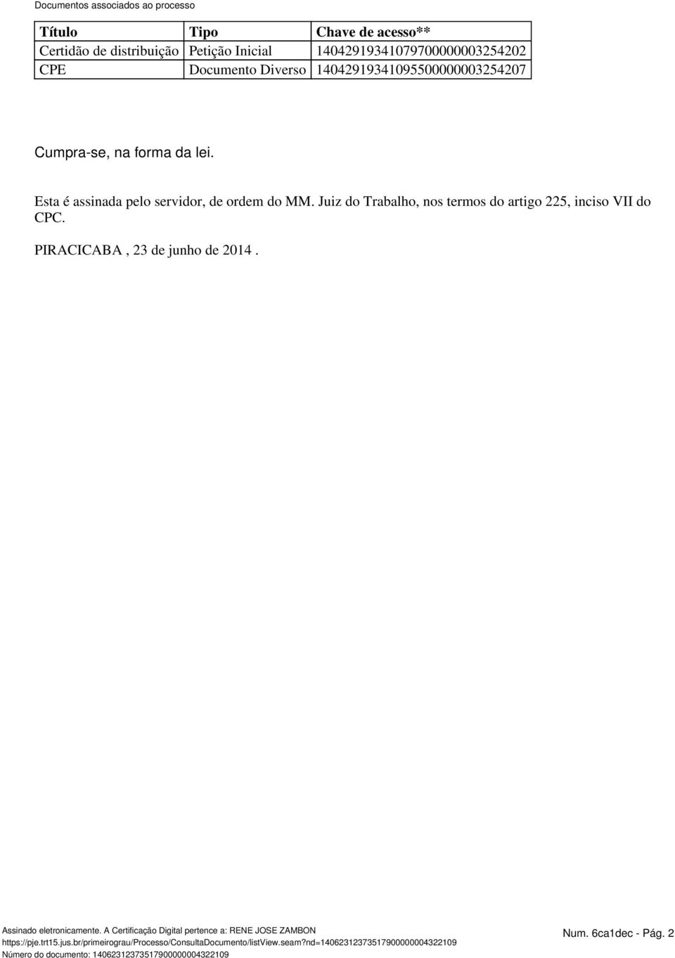 Juiz do Trabalho, nos termos do artigo 225, inciso VII do CPC. PIRACICABA, 23 de junho de 2014. Assinado eletronicamente.