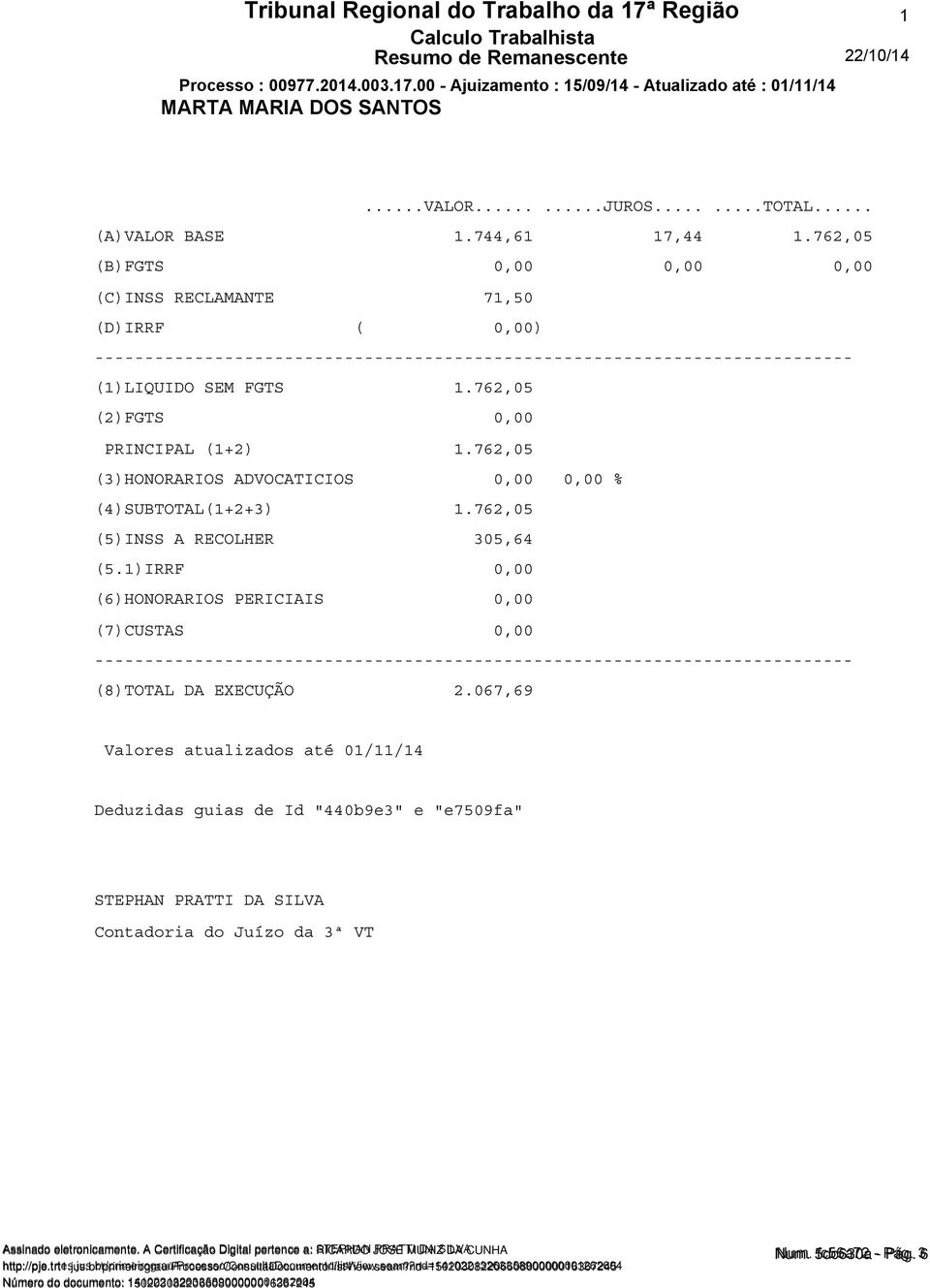 762,05 (B)FGTS 0,00 0,00 0,00 (C)INSS RECLAMANTE 71,50 (D)IRRF ( 0,00) ---------------------------------------------------------------------------- (1)LIQUIDO SEM FGTS 1.