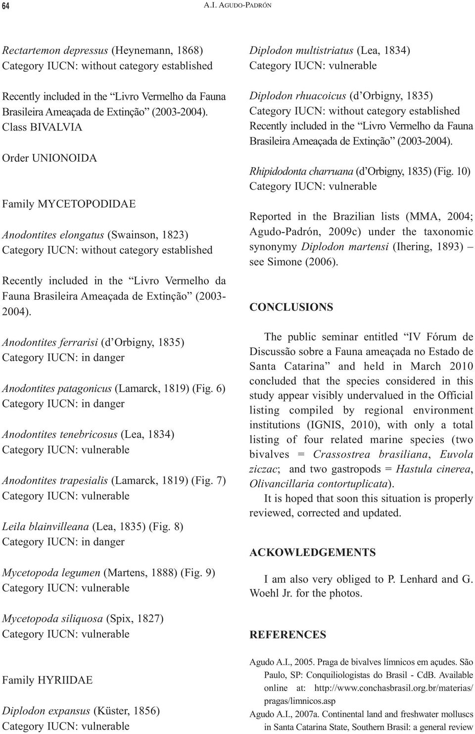 Anodontites ferrarisi (d Orbigny, 1835) Anodontites patagonicus (Lamarck, 1819) (Fig. 6) Anodontites tenebricosus (Lea, 1834) Anodontites trapesialis (Lamarck, 1819) (Fig.