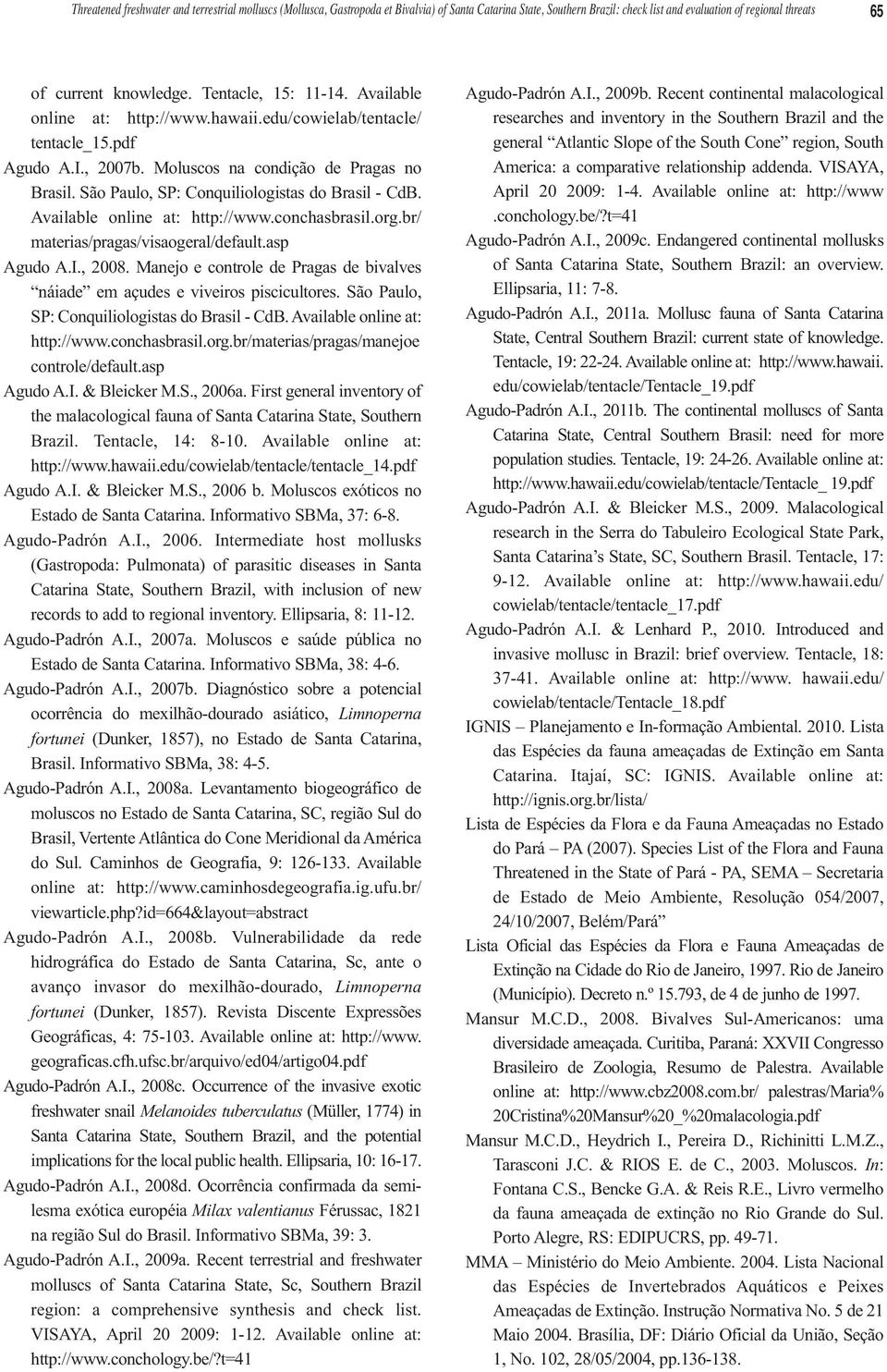 São Paulo, SP: Conquiliologistas do Brasil - CdB. Available online at: http://www.conchasbrasil.org.br/ materias/pragas/visaogeral/default.asp Agudo A.I., 2008.