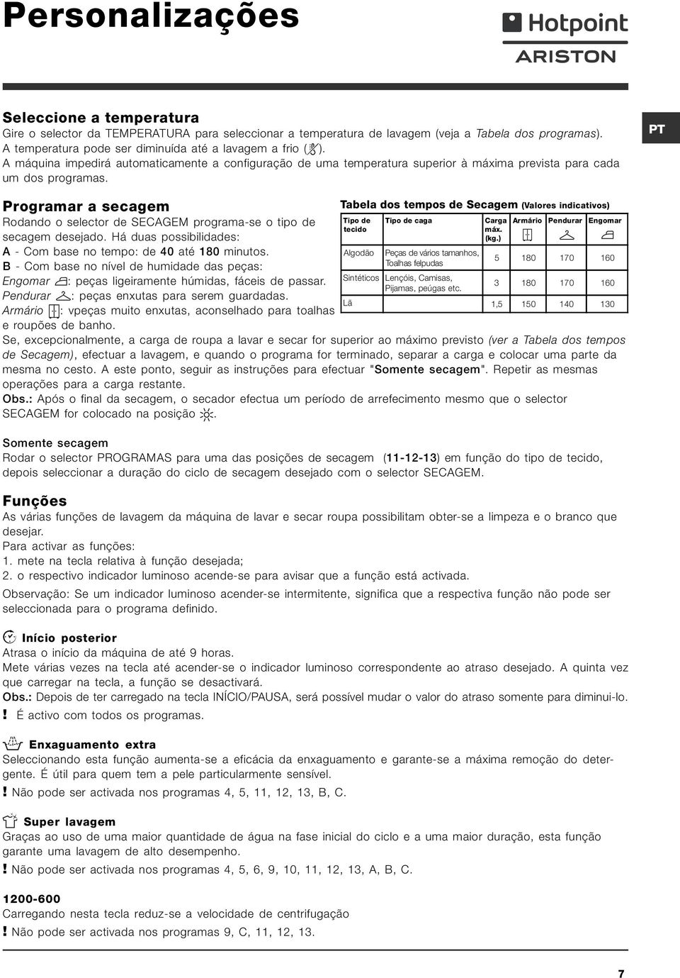 Programar a secagem Rodando o selector de SECAGEM programa-se o tipo de secagem desejado. Há duas possibilidades: A - Com base no tempo: de 40 até 180 minutos.