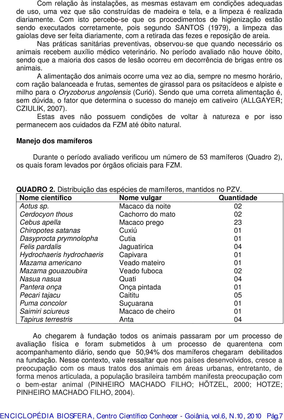 reposição de areia. Nas práticas sanitárias preventivas, observou-se que quando necessário os animais recebem auxílio médico veterinário.