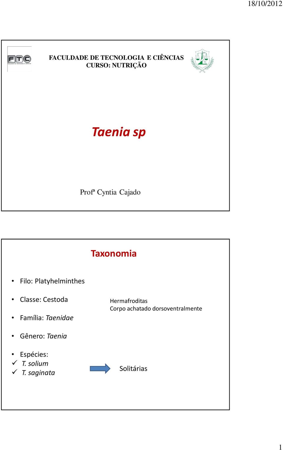 Família: Taenidae Hermafroditas Corpo achatado dorsoventralmente