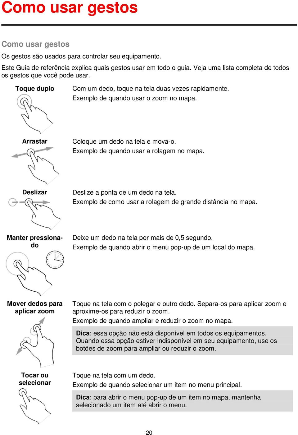 Arrastar Coloque um dedo na tela e mova-o. Exemplo de quando usar a rolagem no mapa. Deslizar Deslize a ponta de um dedo na tela. Exemplo de como usar a rolagem de grande distância no mapa.