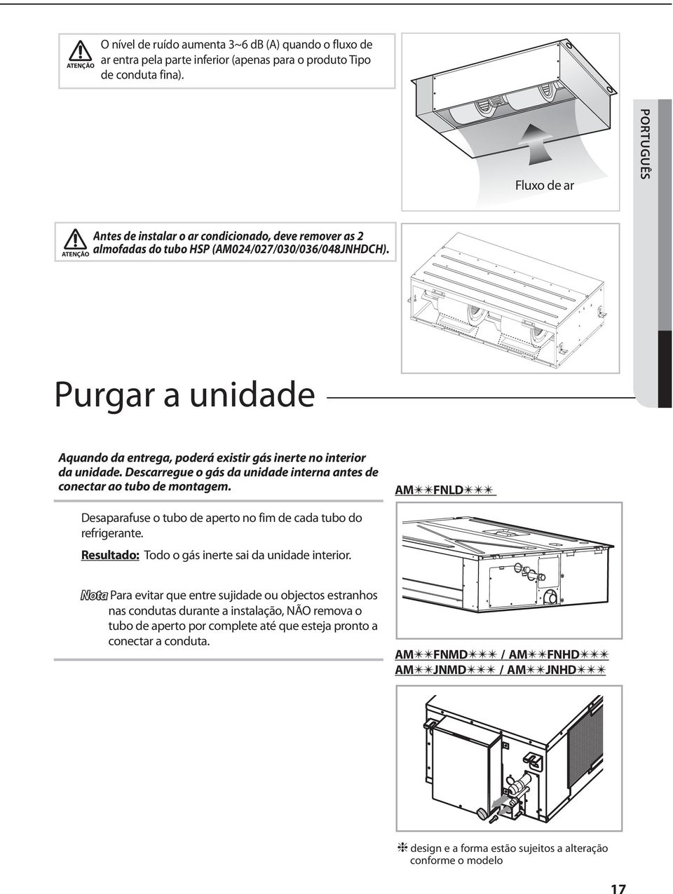 ATENÇÃO Purgar a unidade Aquando da entrega, poderá existir gás inerte no interior da unidade. Descarregue o gás da unidade interna antes de conectar ao tubo de montagem.