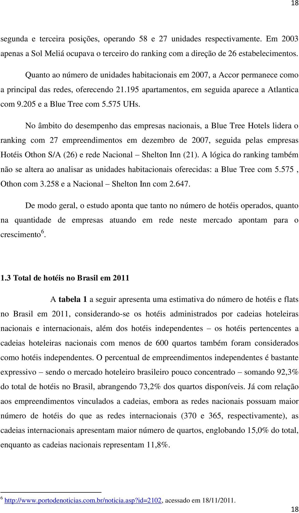 No âmbito do desempenho das empresas nacionais, a Blue Tree Hotels lidera o ranking com 27 empreendimentos em dezembro de 2007, seguida pelas empresas Hotéis Othon S/A (26) e rede Nacional Shelton