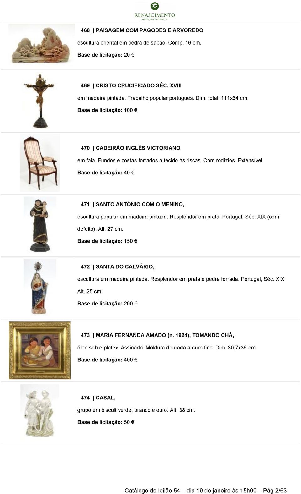 Base de licitação: 40 471 SANTO ANTÓNIO COM O MENINO, escultura popular em madeira pintada. Resplendor em prata. Portugal, Séc. XIX (com defeito). Alt. 27 cm.