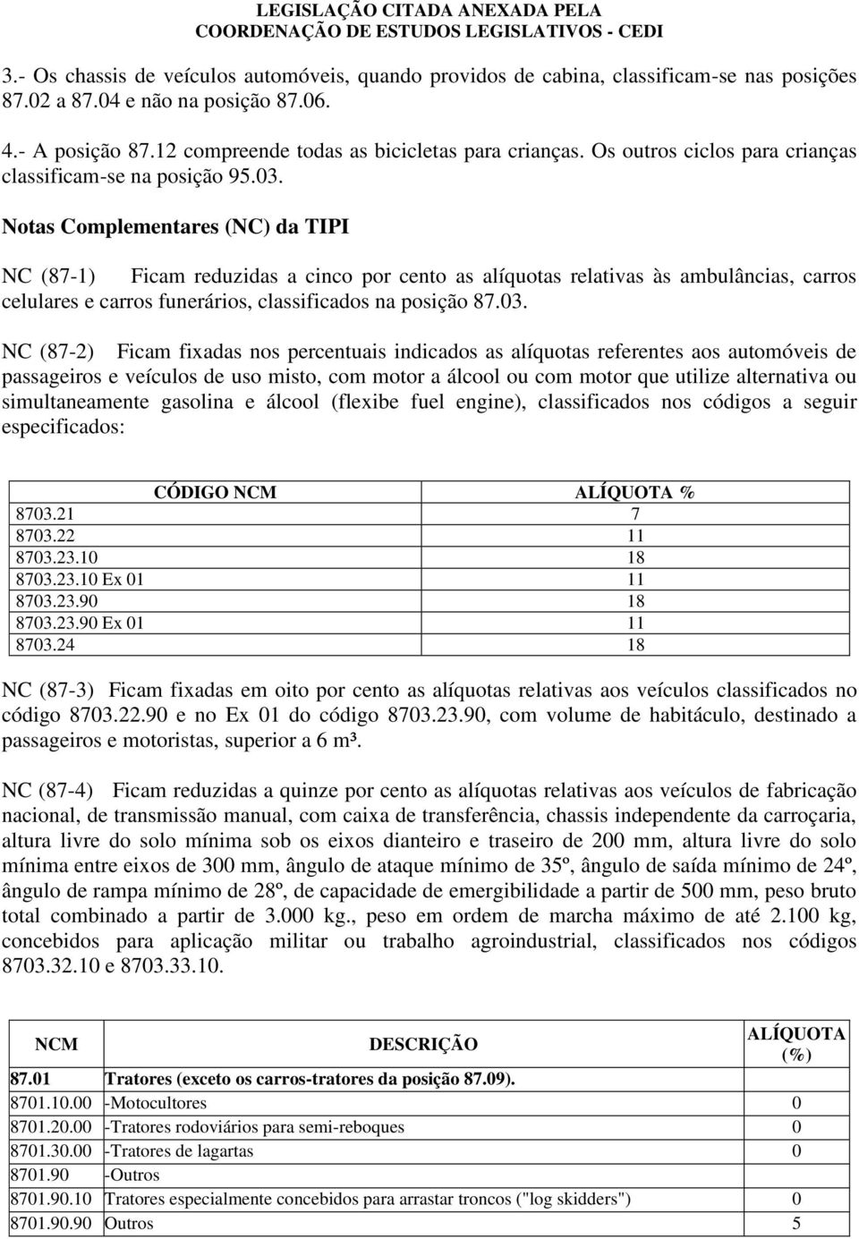 Notas Complementares (NC) da TIPI NC (87-1) Ficam reduzidas a cinco por cento as alíquotas relativas às ambulâncias, carros celulares e carros funerários, classificados na posição 87.03.