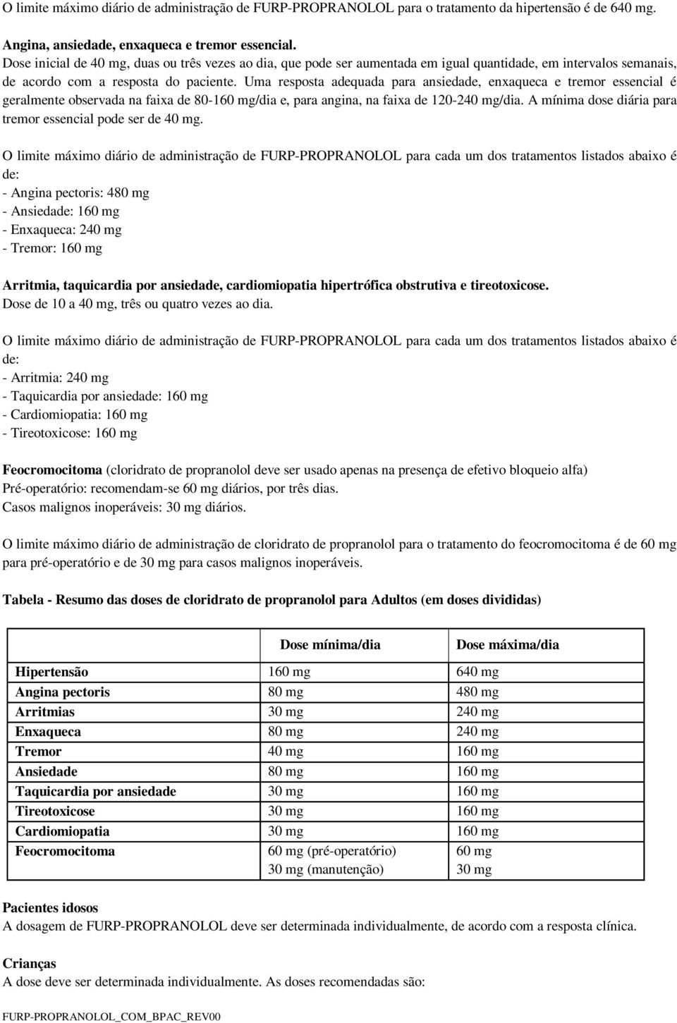 Uma resposta adequada para ansiedade, enxaqueca e tremor essencial é geralmente observada na faixa de 80-160 mg/dia e, para angina, na faixa de 120-240 mg/dia.