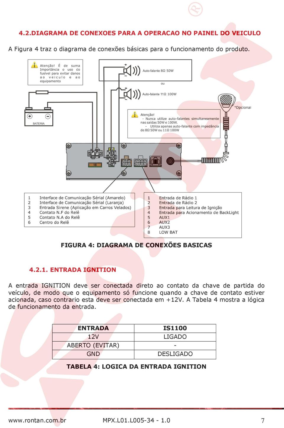 ENTRADA IGNITION A entrada IGNITION deve ser conectada direto ao contato da chave de partida do veículo, de modo que o equipamento só funcione quando a