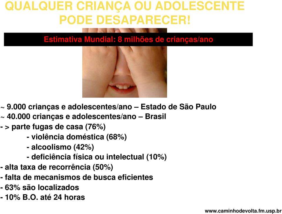 000 crianças e adolescentes/ano Brasil - > parte fugas de casa (76%) - violência doméstica (68%) - alcoolismo (42%)