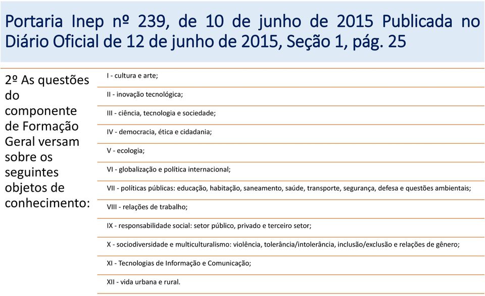 democracia, ética e cidadania; V - ecologia; VI - globalização e política internacional; VII - políticas públicas: educação, habitação, saneamento, saúde, transporte, segurança, defesa e questões