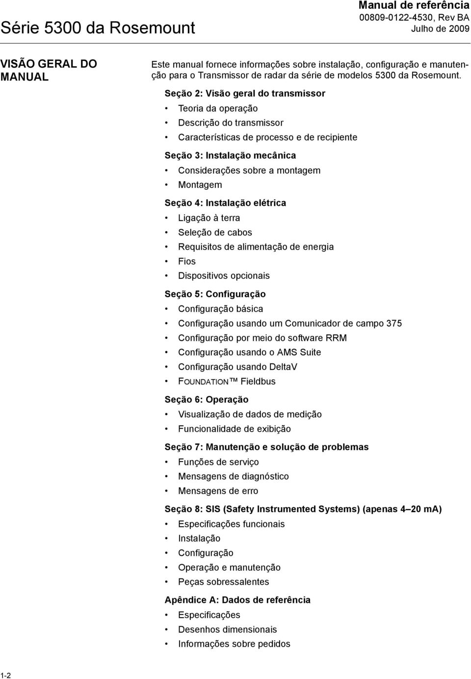 4: Instalação elétrica Ligação à terra Seleção de cabos Requisitos de alimentação de energia Fios Dispositivos opcionais Seção 5: Configuração Configuração básica Configuração usando um Comunicador