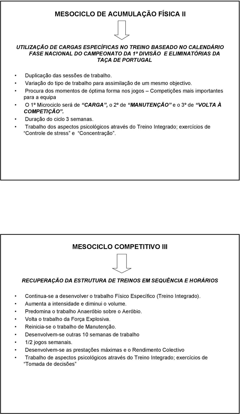 Procura dos momentos de óptima forma nos jogos Competições mais importantes para a equipa O 1º Microciclo será de CARGA, o 2º de MANUTENÇÃO e o 3º de VOLTA À COMPETIÇÃO. Duração do ciclo 3 semanas.