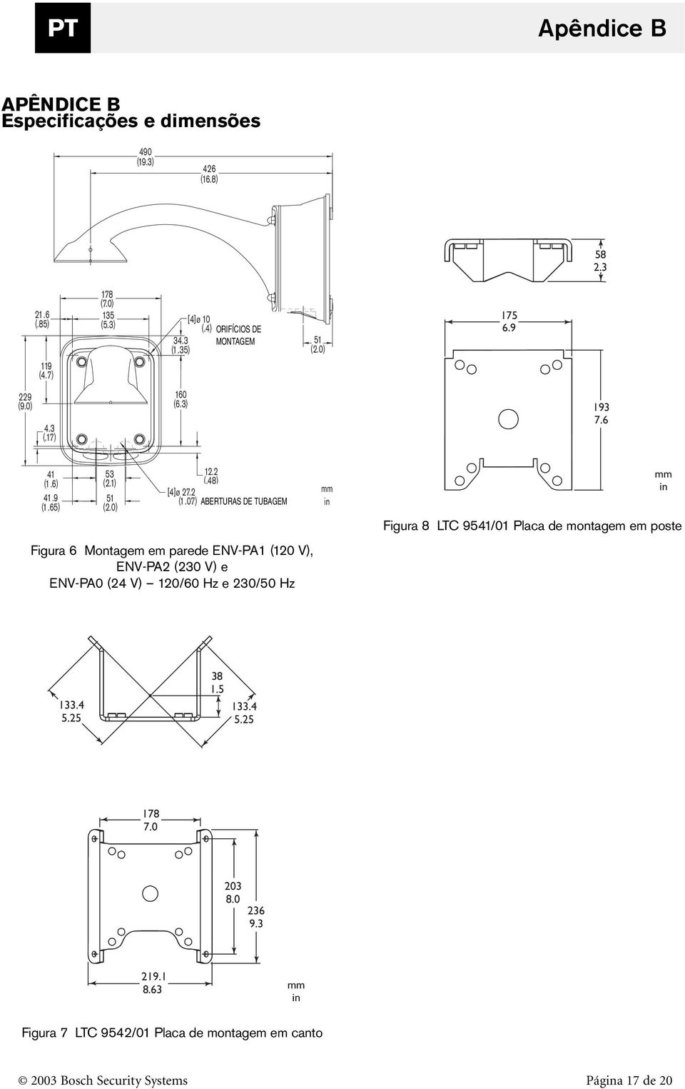 07) ABERTURAS DE TUBAGEM Figura 6 Montagem em parede ENV-PA1 (120 V), ENV-PA2 (230 V) e ENV-PA0 (24 V) 120/60 Hz e 230/50 Hz mm in mm in Figura 8 LTC 9541/01 Placa