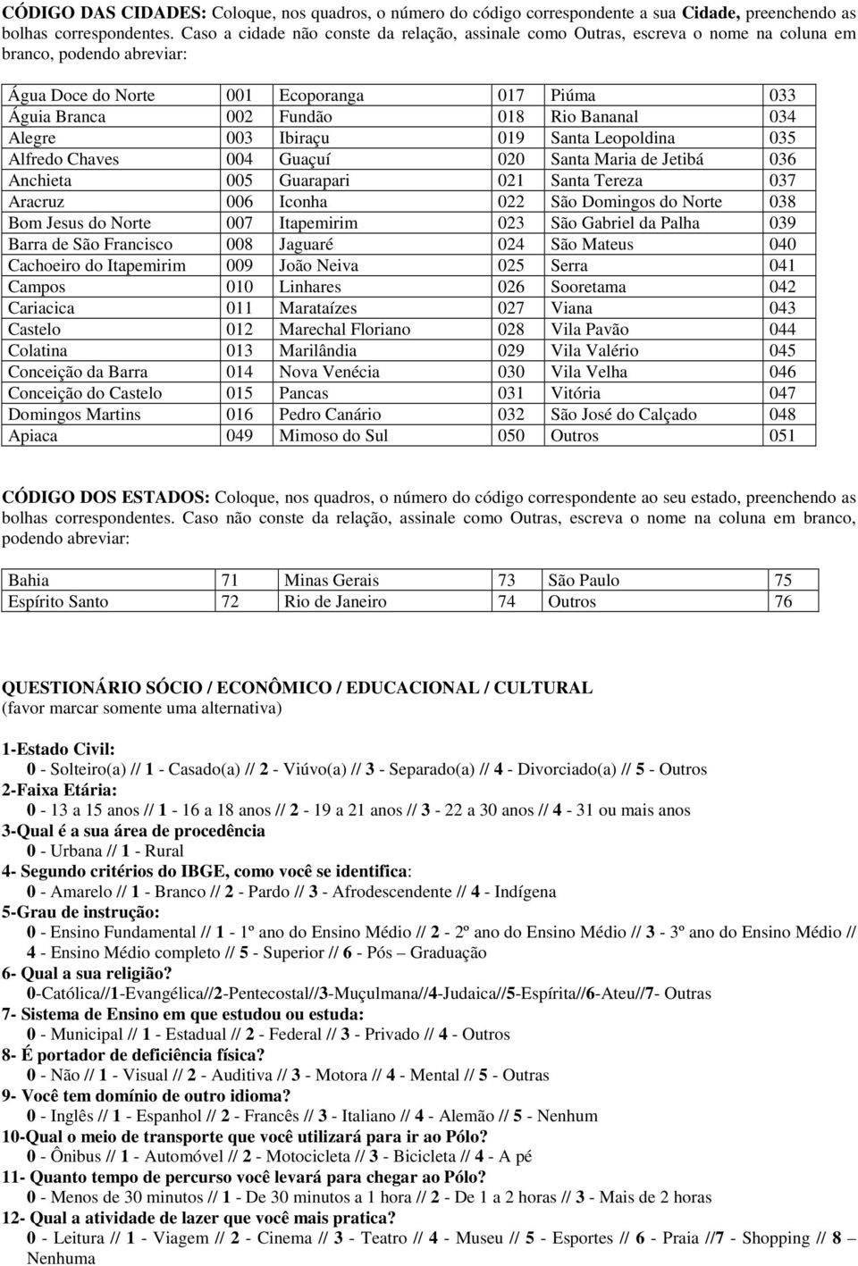 Bananal 034 Alegre 003 Ibiraçu 019 Santa Leopoldina 035 Alfredo Chaves 004 Guaçuí 020 Santa Maria de Jetibá 036 Anchieta 005 Guarapari 021 Santa Tereza 037 Aracruz 006 Iconha 022 São Domingos do