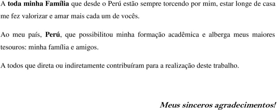 Ao meu país, Perú, que possibilitou minha formação acadêmica e alberga meus maiores