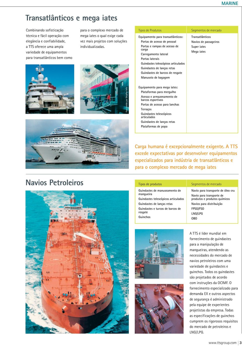 Tipos de Produtos Equipamento para transatlânticos: Portas de acesso de pessoal Portas e rampas de acesso de carga Carregamento lateral Portas laterais Guindastes telescópicos articulados Guindastes