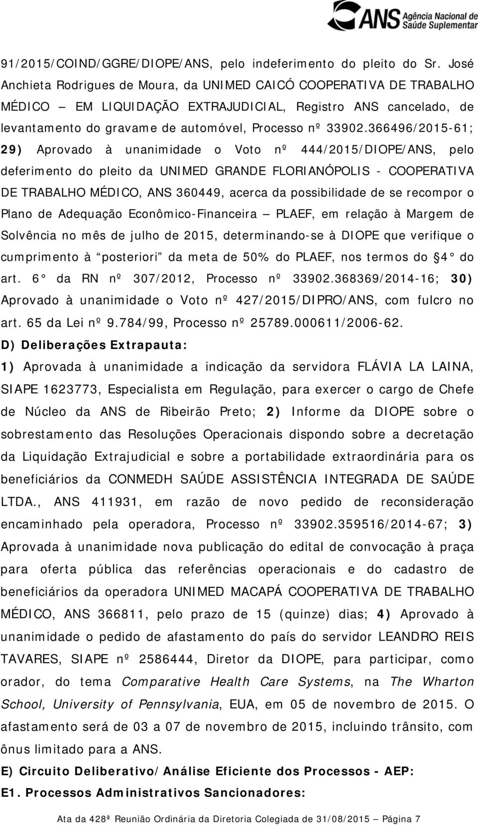 366496/2015-61; 29) Aprovado à unanimidade o Voto nº 444/2015/DIOPE/ANS, pelo deferimento do pleito da UNIMED GRANDE FLORIANÓPOLIS - COOPERATIVA DE TRABALHO MÉDICO, ANS 360449, acerca da