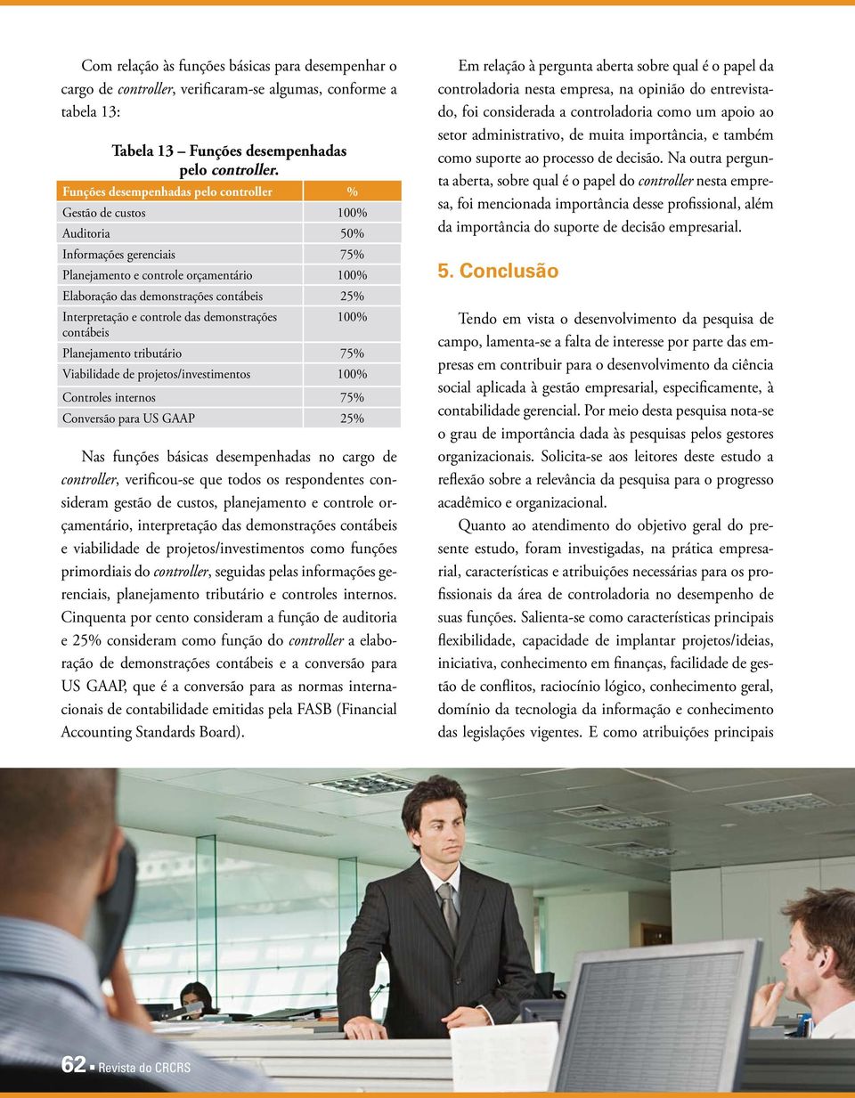 Interpretação e controle das demonstrações 100% contábeis Planejamento tributário 75% Viabilidade de projetos/investimentos 100% Controles internos 75% Conversão para US GAAP 25% Nas funções básicas