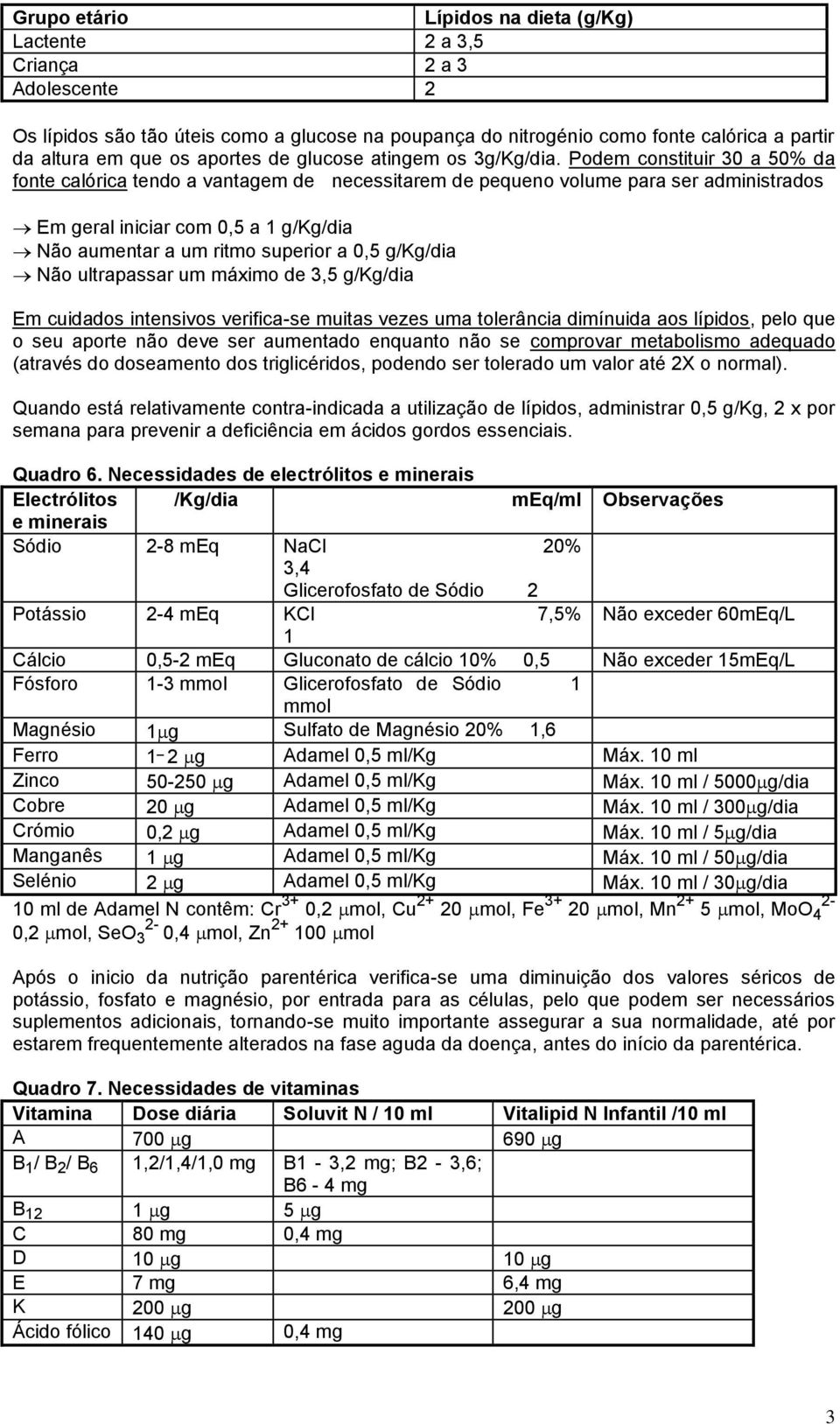 Podem constituir 30 a 50% da fonte calórica tendo a vantagem de necessitarem de pequeno volume para ser administrados Em geral iniciar com 0,5 a 1 g/kg/dia Não aumentar a um ritmo superior a 0,5