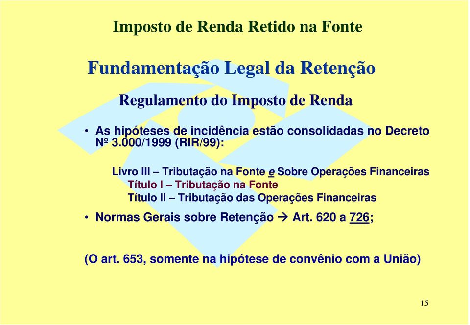 000/1999 (RIR/99): Livro III Tributação na Fonte e Sobre Operações Financeiras Título I