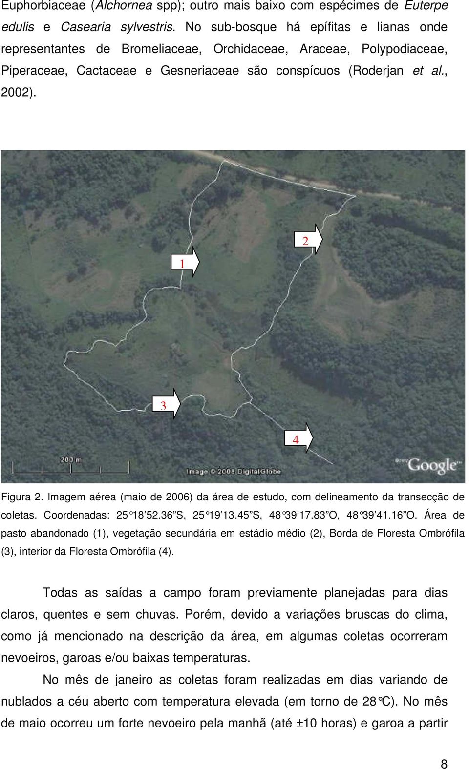 1 2 3 4 Figura 2. Imagem aérea (maio de 2006) da área de estudo, com delineamento da transecção de coletas. Coordenadas: 25 18 52.36 S, 25 19 13.45 S, 48 39 17.83 O, 48 39 41.16 O.