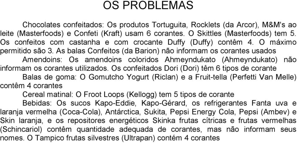 As balas Confeitos (da Barion) não informam os corantes usados Amendoins: Os amendoins coloridos Ahmeyndukato (Ahmeyndukato) não informam os corantes utilizados.