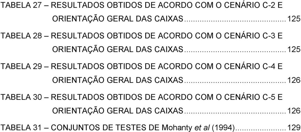 .. 125 TABELA 29 RESULTADOS OBTIDOS DE ACORDO COM O CENÁRIO C-4 E ORIENTAÇÃO GERAL DAS CAIXAS.