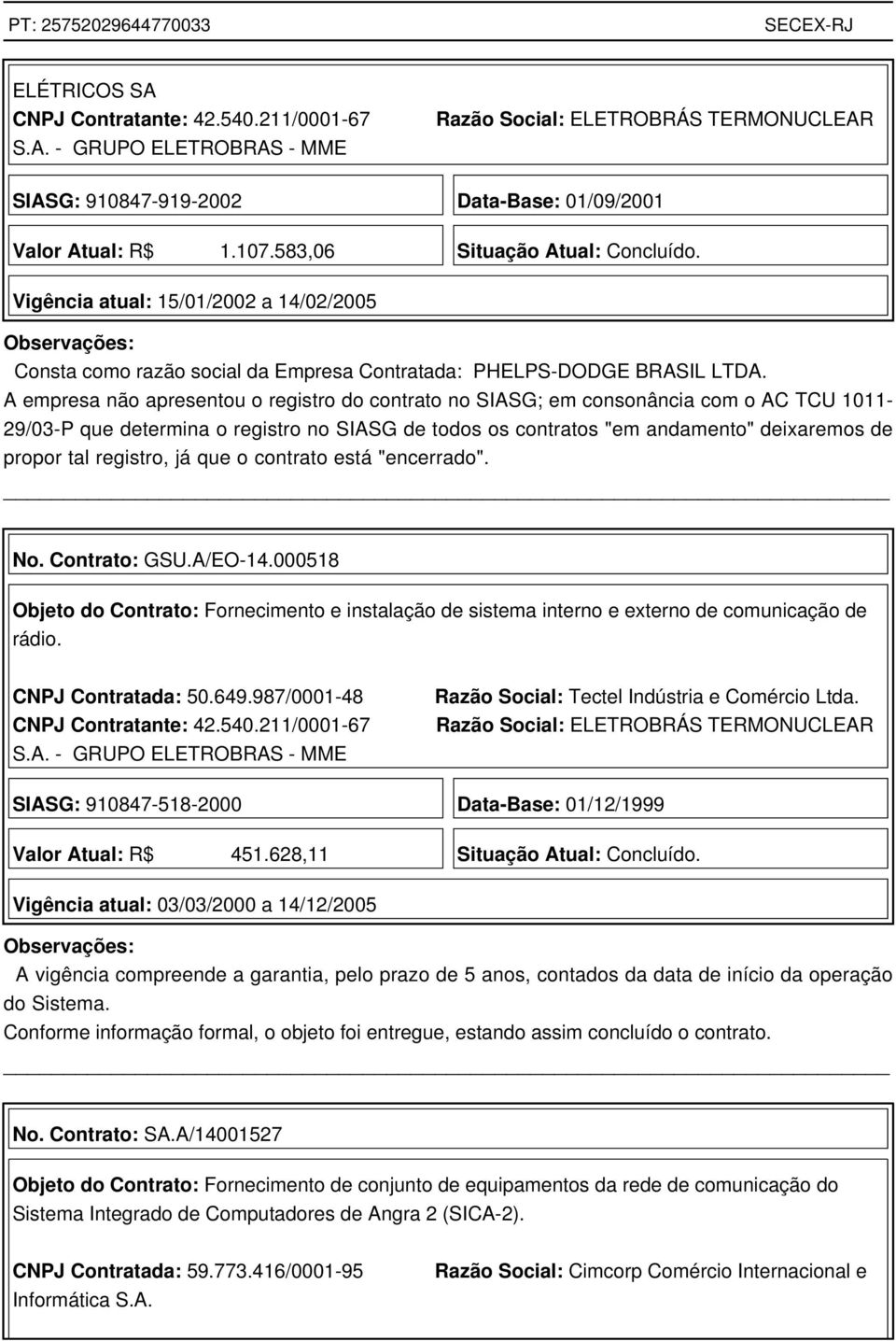 A empresa não apresentou o registro do contrato no SIASG; em consonância com o AC TCU 1011-29/03-P que determina o registro no SIASG de todos os contratos "em andamento" deixaremos de propor tal